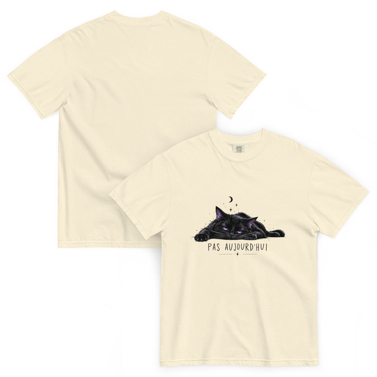 T-shirt humour Pas aujourd’hui avec illustration de chat, lune et étoiles – vue recto verso