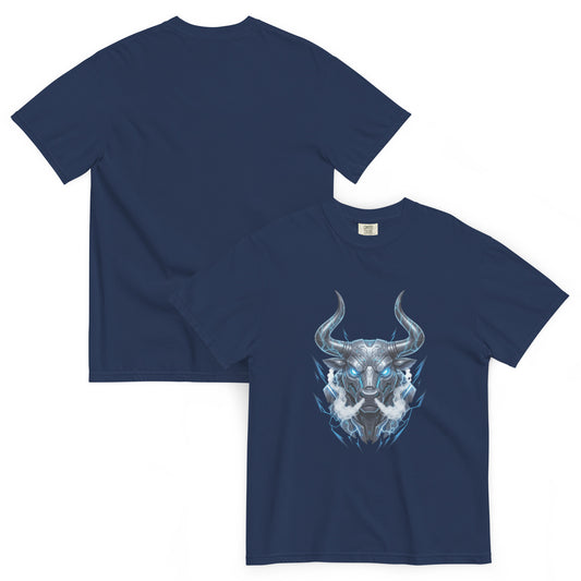 T-shirt TALOS bleu marine – taureau cybernétique futuriste, vue avant et dos