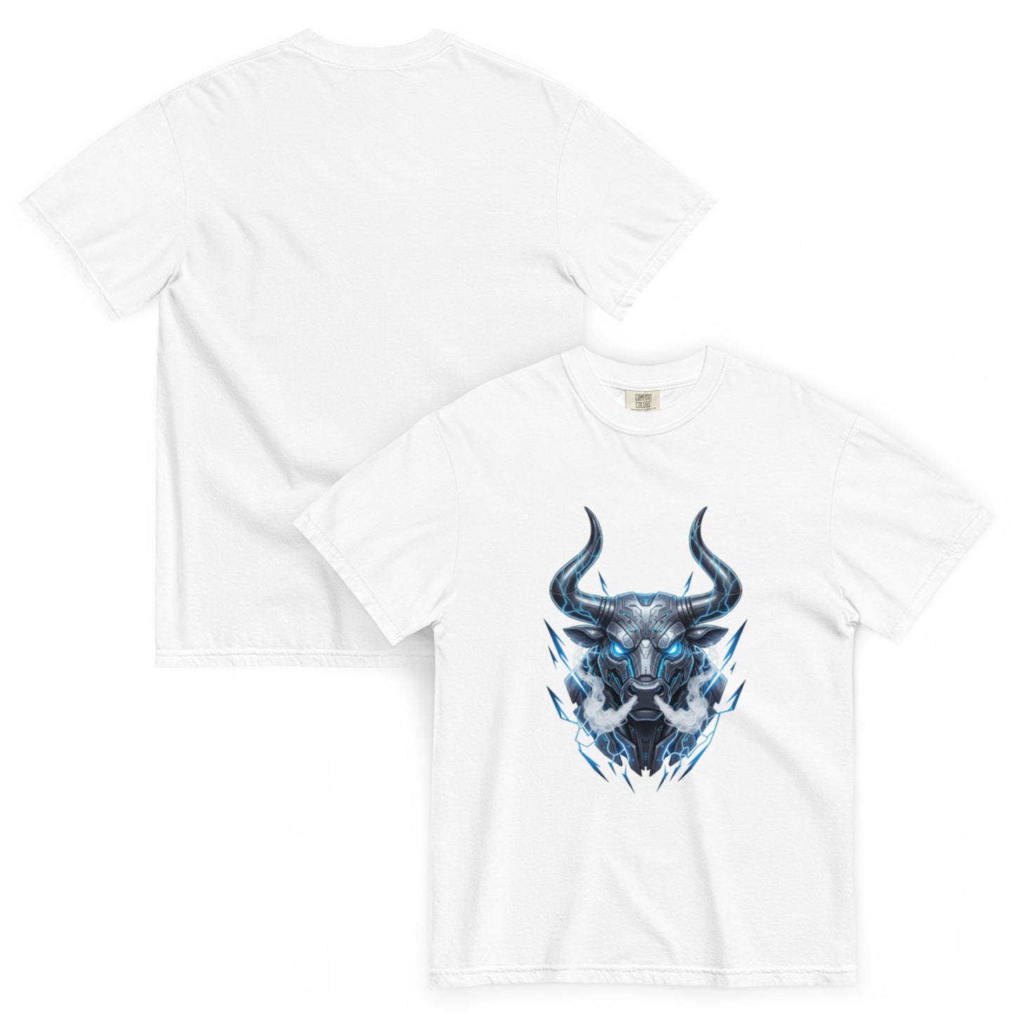 T-shirt TALOS blanc – taureau cybernétique futuriste, vue avant et dos