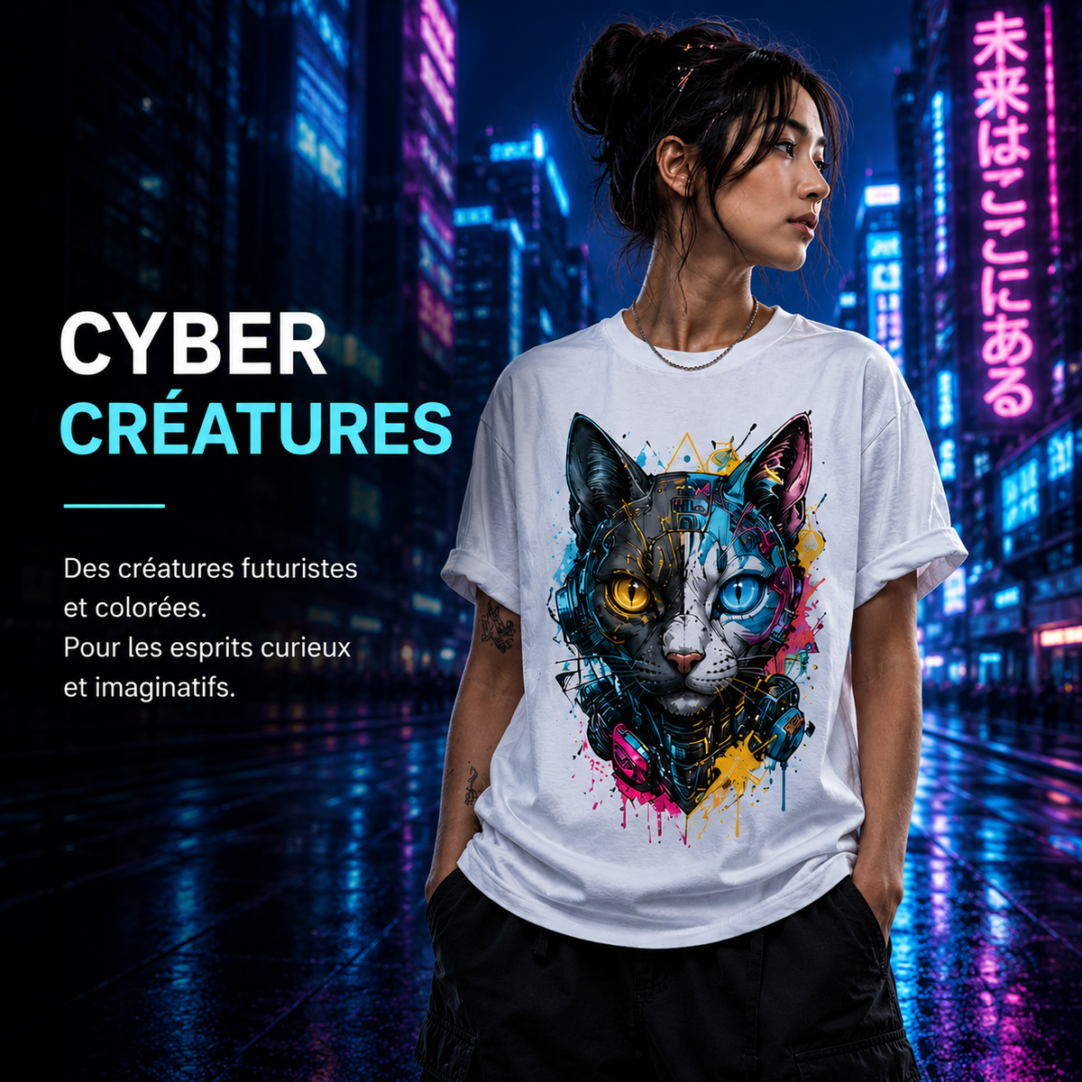 Collection Cyber Créatures – modèle portant un T-shirt chat cybernétique