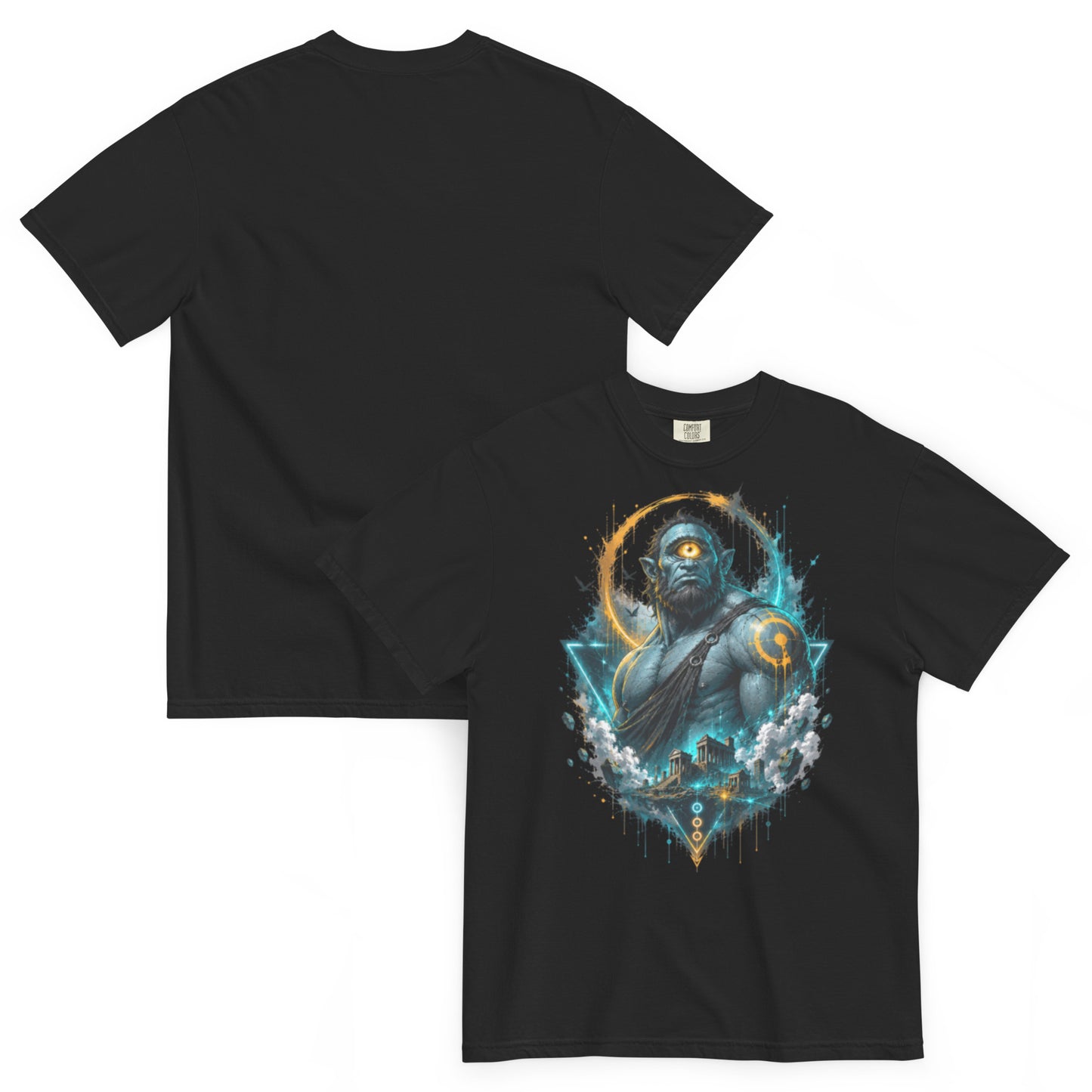 T-shirt ARGÈS noir – Cyclope géant à l’œil orange, univers Dark Néon