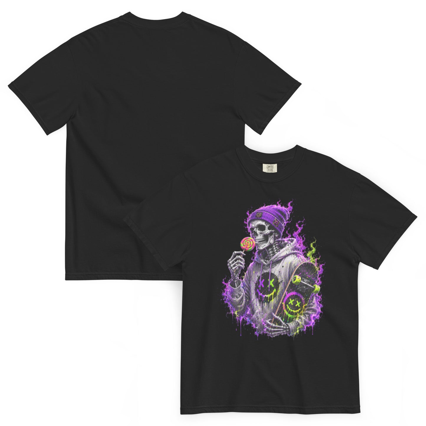 T-shirt BONES noir – squelette skateur, sucette et skateboard néon