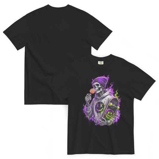 T-shirt BONES noir – squelette skateur, sucette et skateboard néon