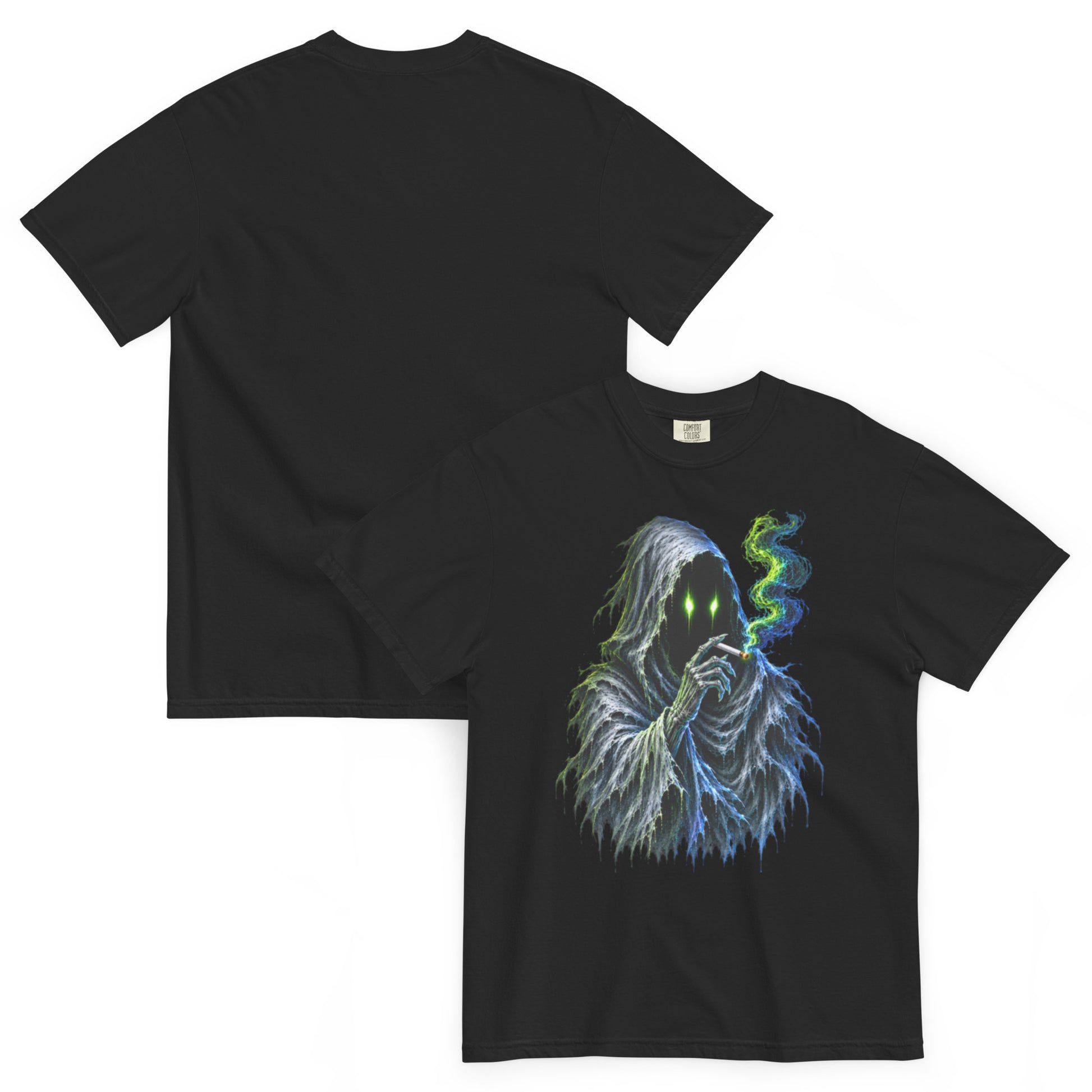 T-shirt WRAITH noir – spectre encapuchonné aux yeux vert néon
