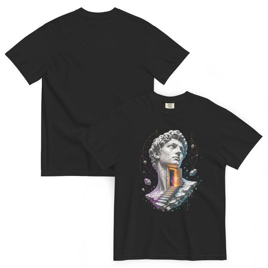 T-shirt LIMEN noir – statue fissurée et portail lumineux Dark Néon