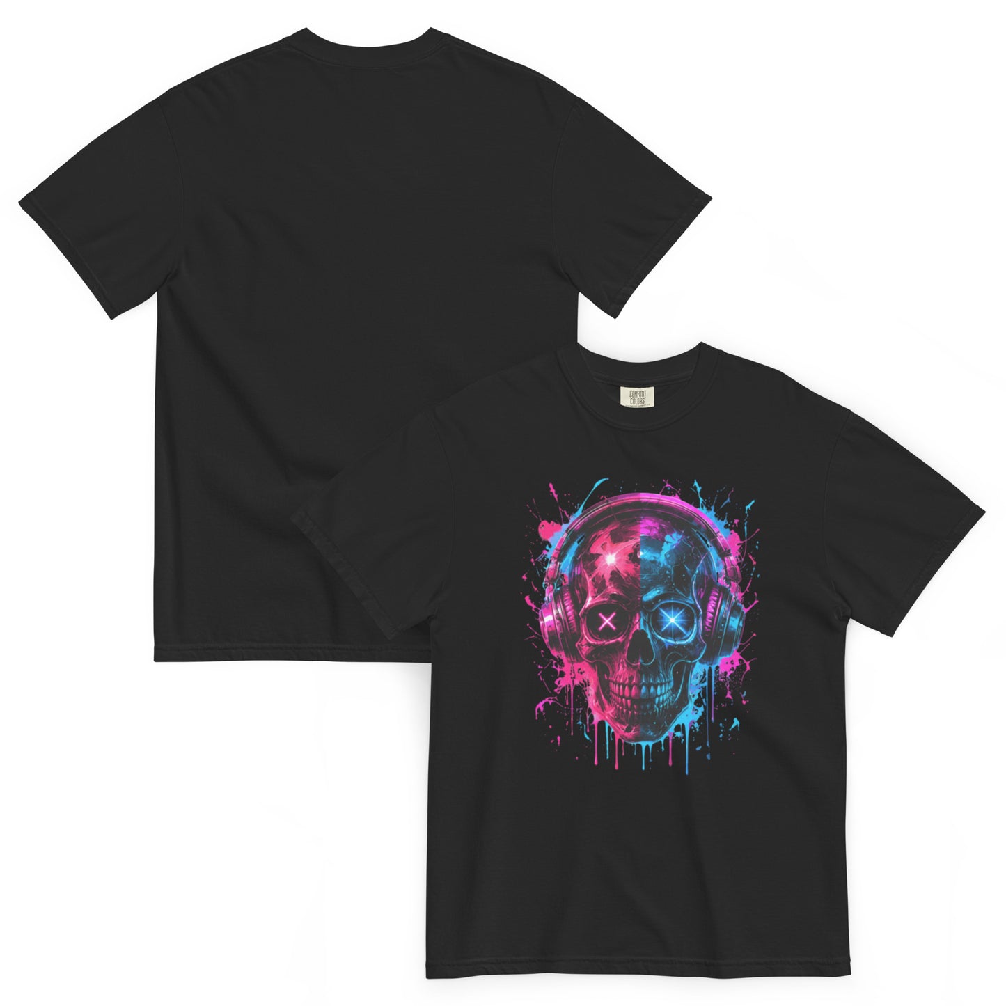 T-shirt MORS noir – crâne avec casque audio rose et bleu néon