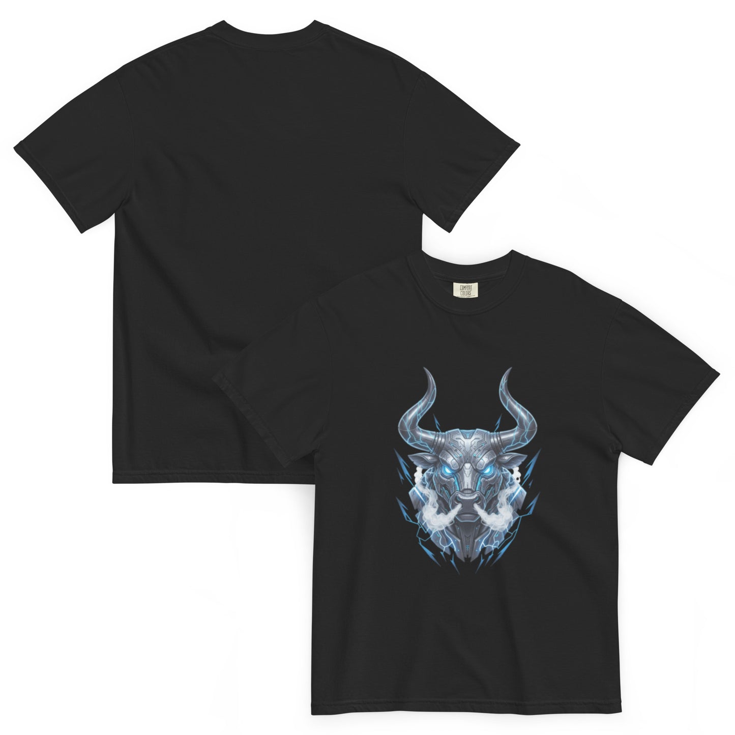 T-shirt TALOS noir – taureau cybernétique futuriste, vue avant et dos