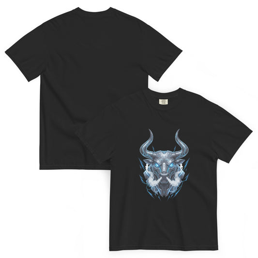 T-shirt TALOS noir – taureau cybernétique futuriste, vue avant et dos