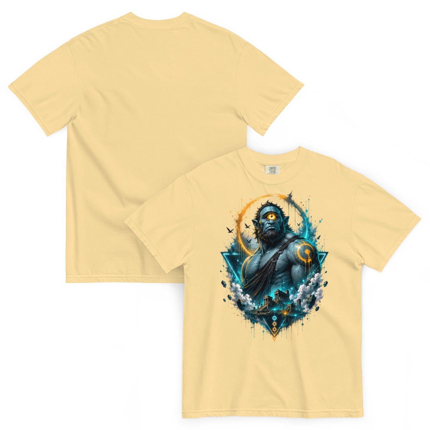 T-shirt ARGÈS vanille – Cyclope géant à l’œil orange, univers Dark Néon
