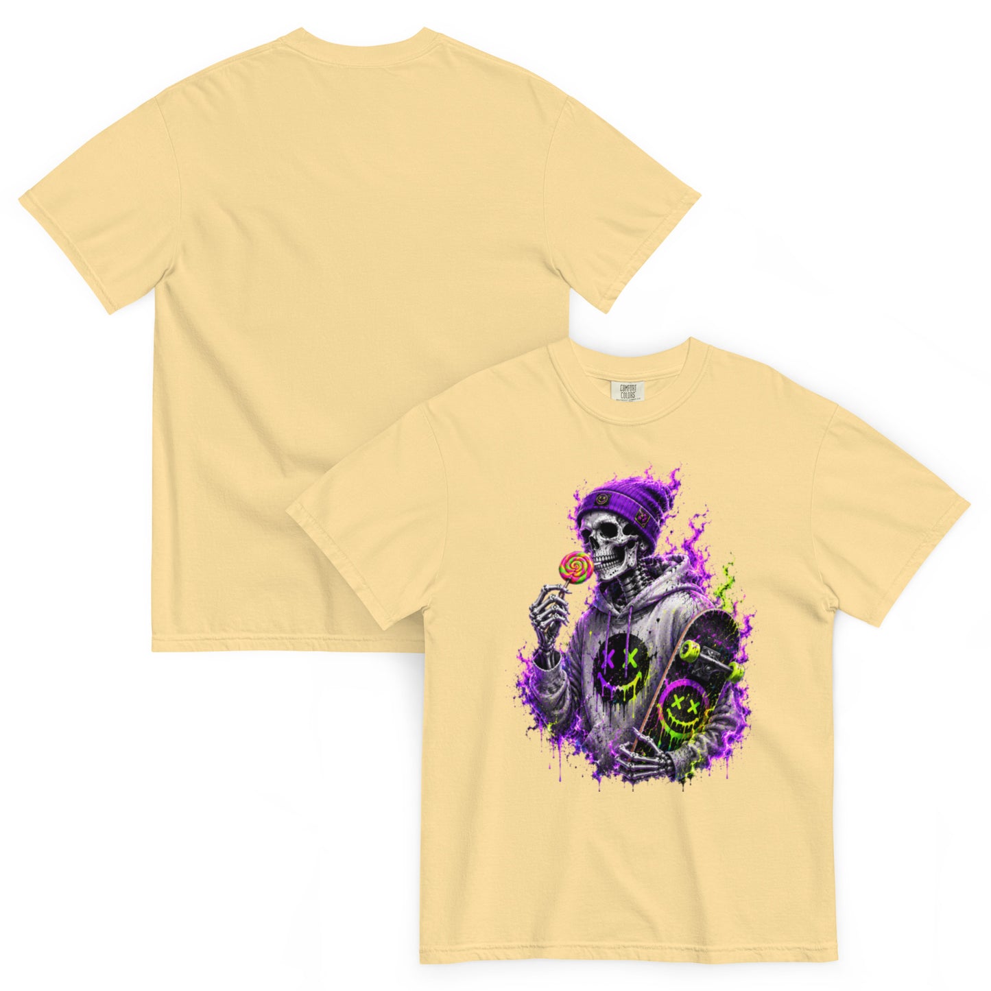T-shirt BONES vanille – squelette skateur, sucette et skateboard néon