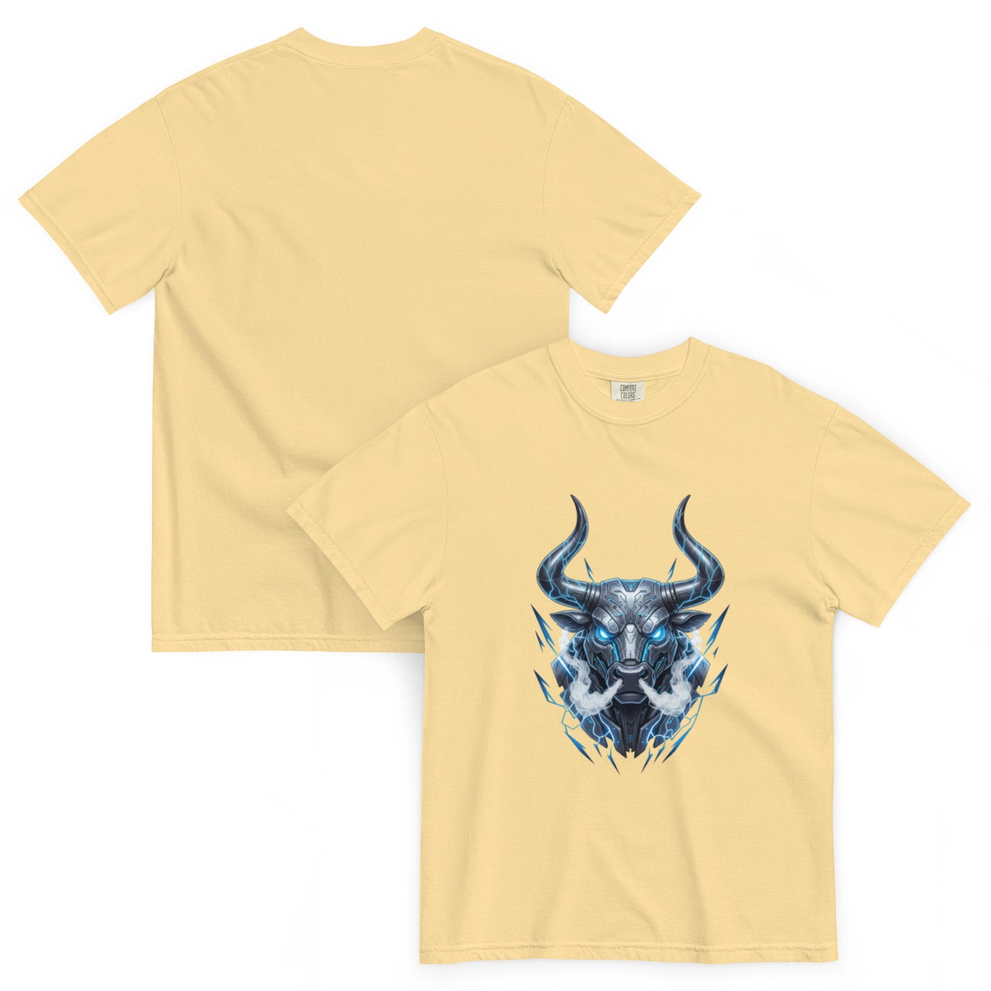 T-shirt TALOS vanille – taureau cybernétique futuriste, vue avant et dos