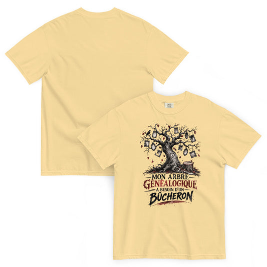 T-shirt humour Mon arbre généalogique a besoin d’un bûcheron avec illustration d’arbre – vue recto verso