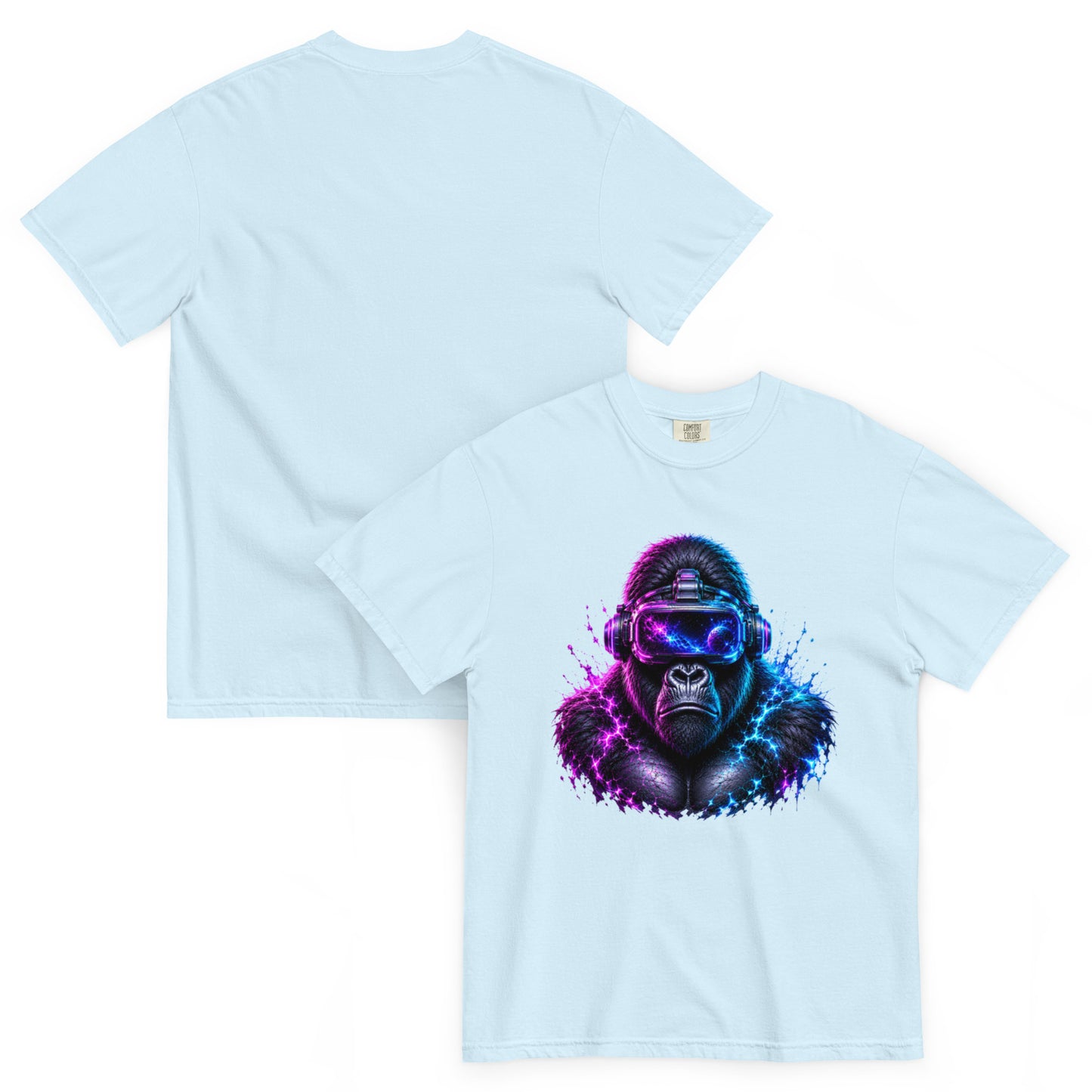 T-shirt APEX bleu clair chambray – gorille en casque VR et énergie cosmique Dark Néon