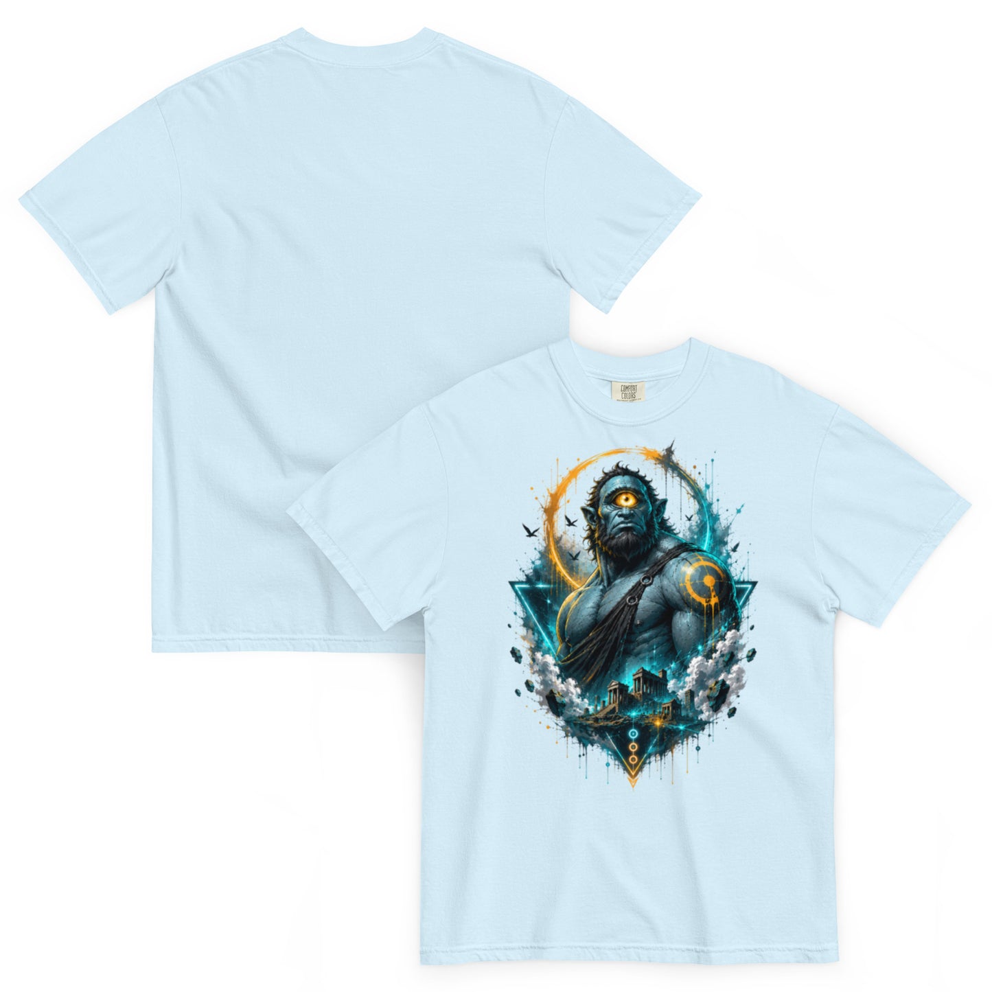 T-shirt ARGÈS bleu clair chambray – Cyclope géant à l’œil orange, univers Dark Néon