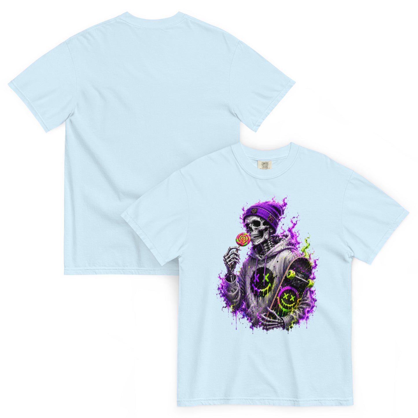 T-shirt BONES bleu clair chambray – squelette skateur, sucette et skateboard néon
