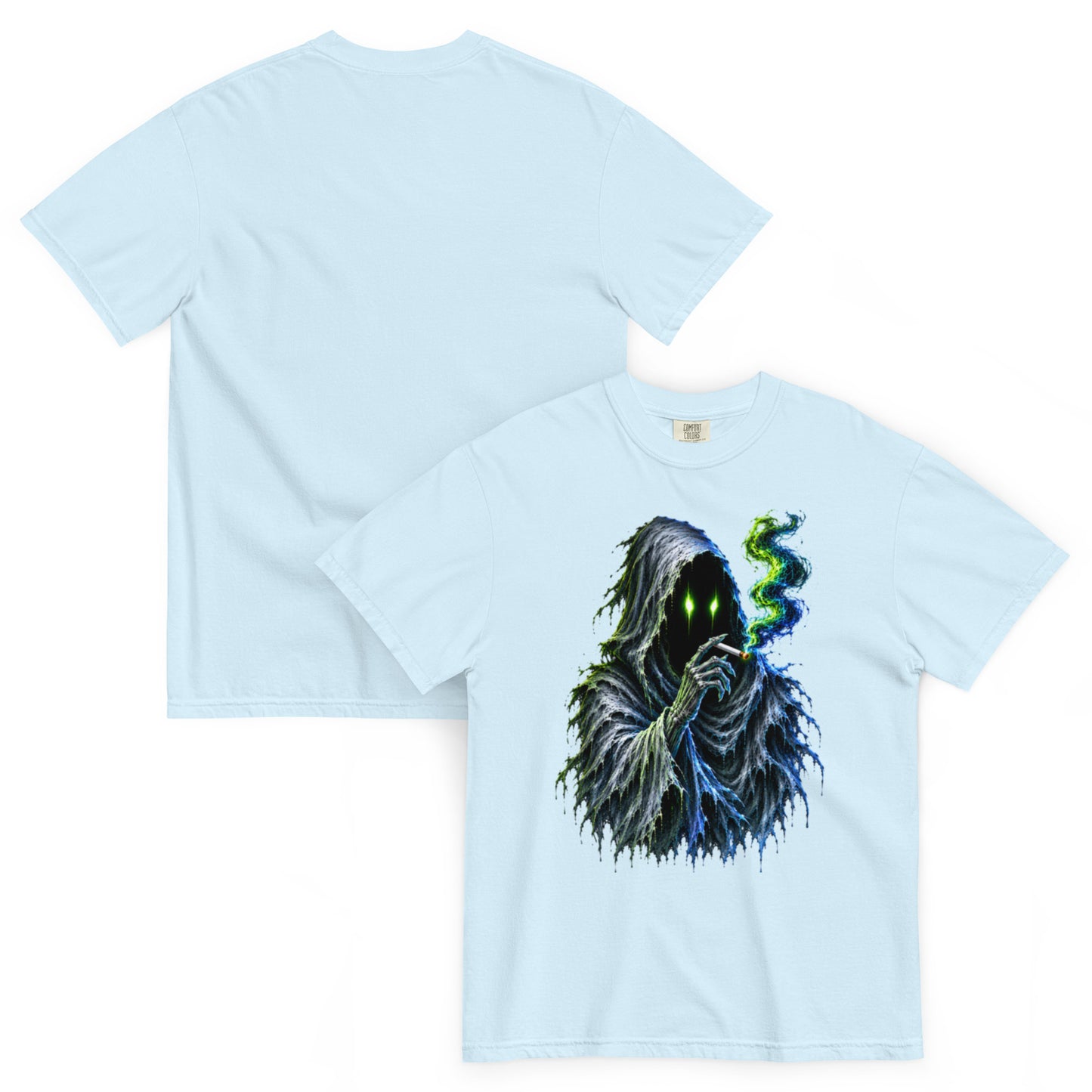 T-shirt WRAITH bleu clair chambray – spectre encapuchonné aux yeux vert néon