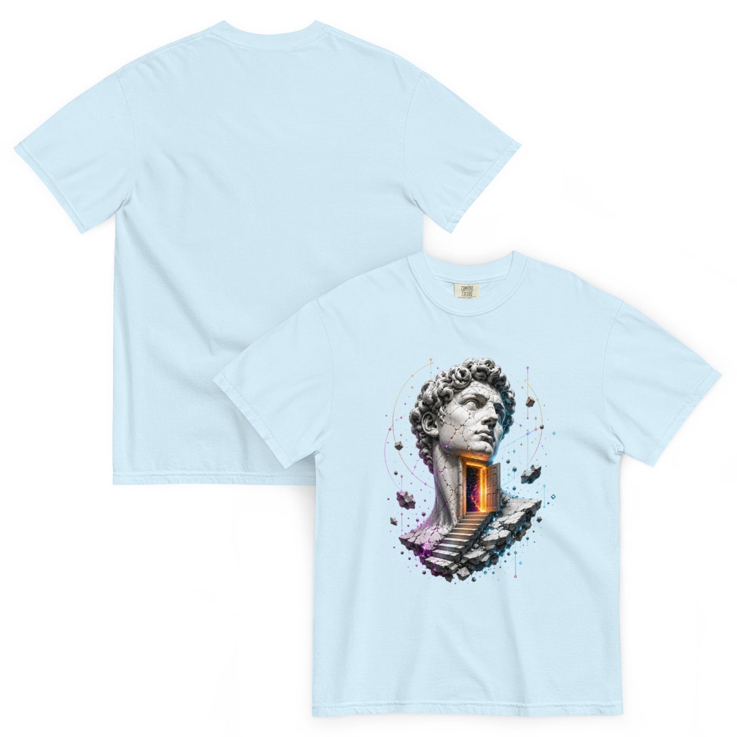 T-shirt LIMEN bleu clair chambray – statue fissurée et portail lumineux Dark Néon