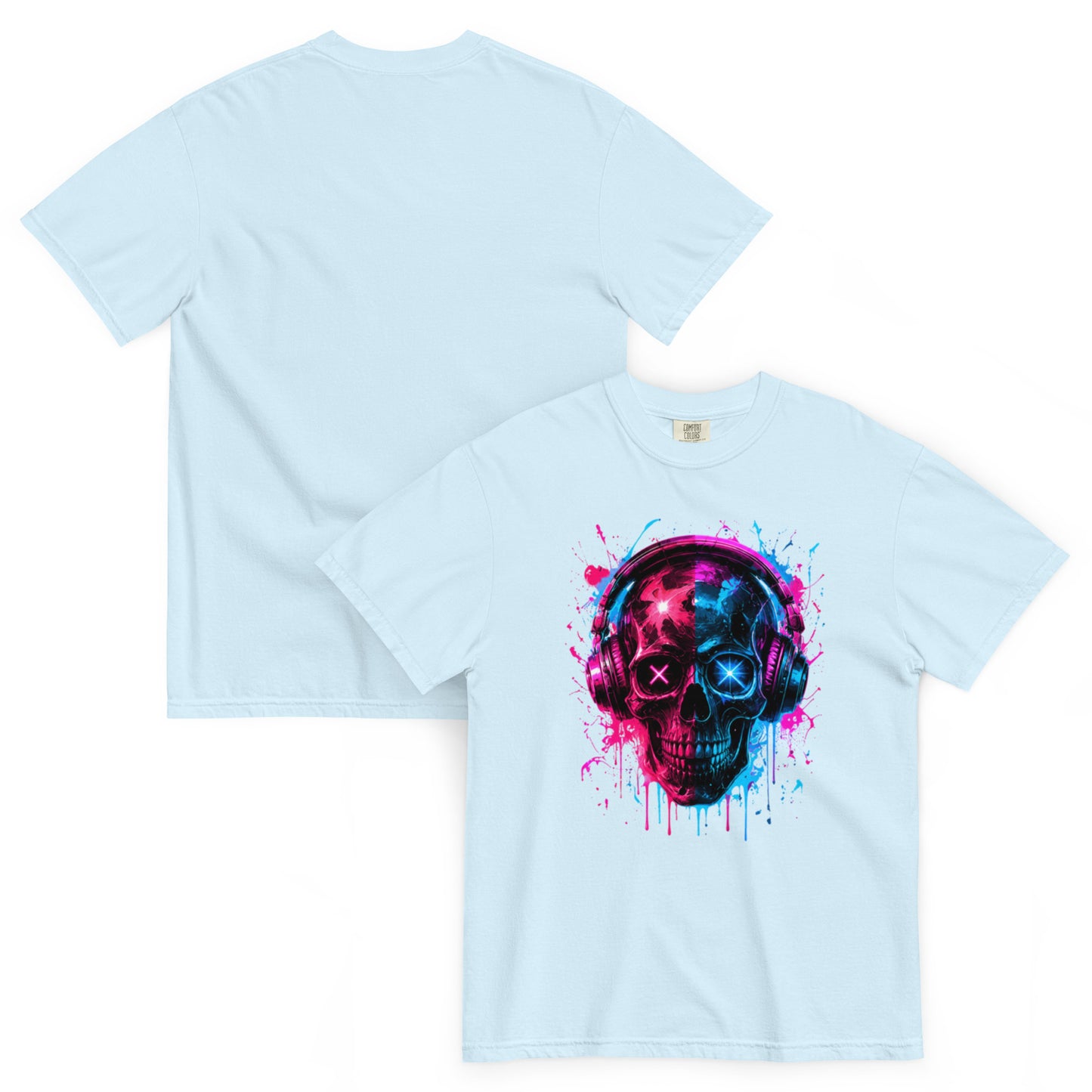 T-shirt MORS bleu clair chambray – crâne avec casque audio rose et bleu néon