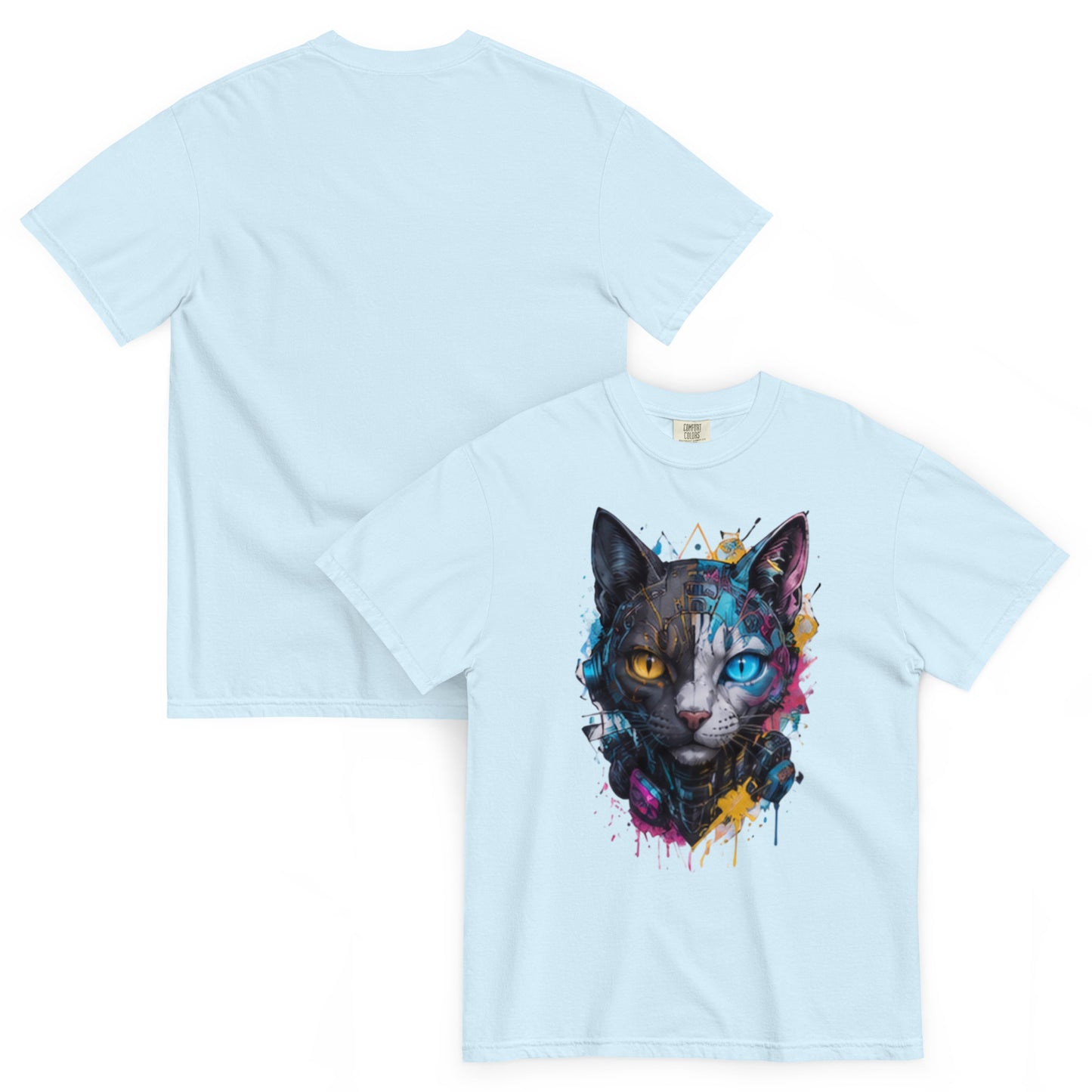 FELIS – T-shirt épais chat futuriste bleu clair chambray – Cyber Créatures