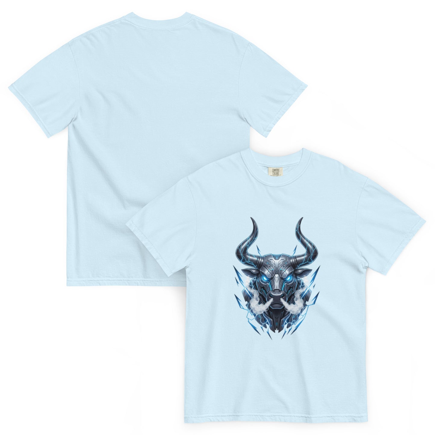 T-shirt TALOS bleu clair chambray – taureau cybernétique futuriste, vue avant et dos