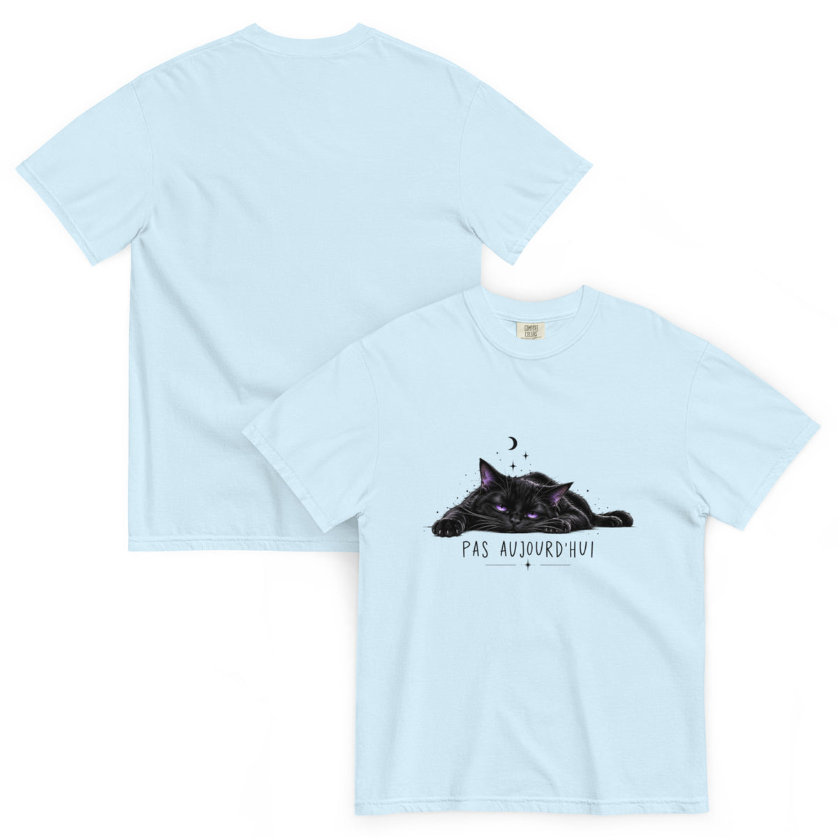 T-shirt humour Pas aujourd’hui avec illustration de chat, lune et étoiles – vue recto verso