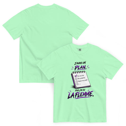 T-shirt humour J’avais un plan puis j’ai eu la flemme avec illustration de carnet – vue recto verso