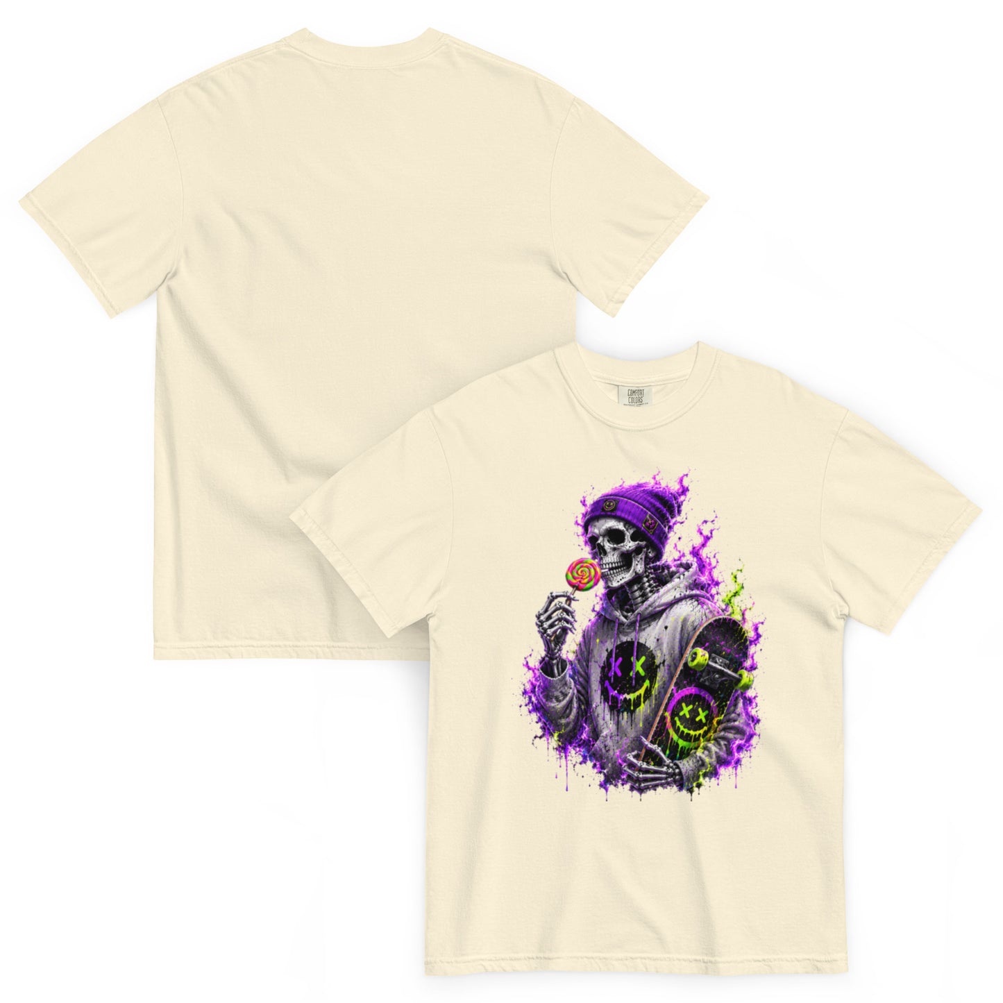 T-shirt BONES ivoire – squelette skateur, sucette et skateboard néon