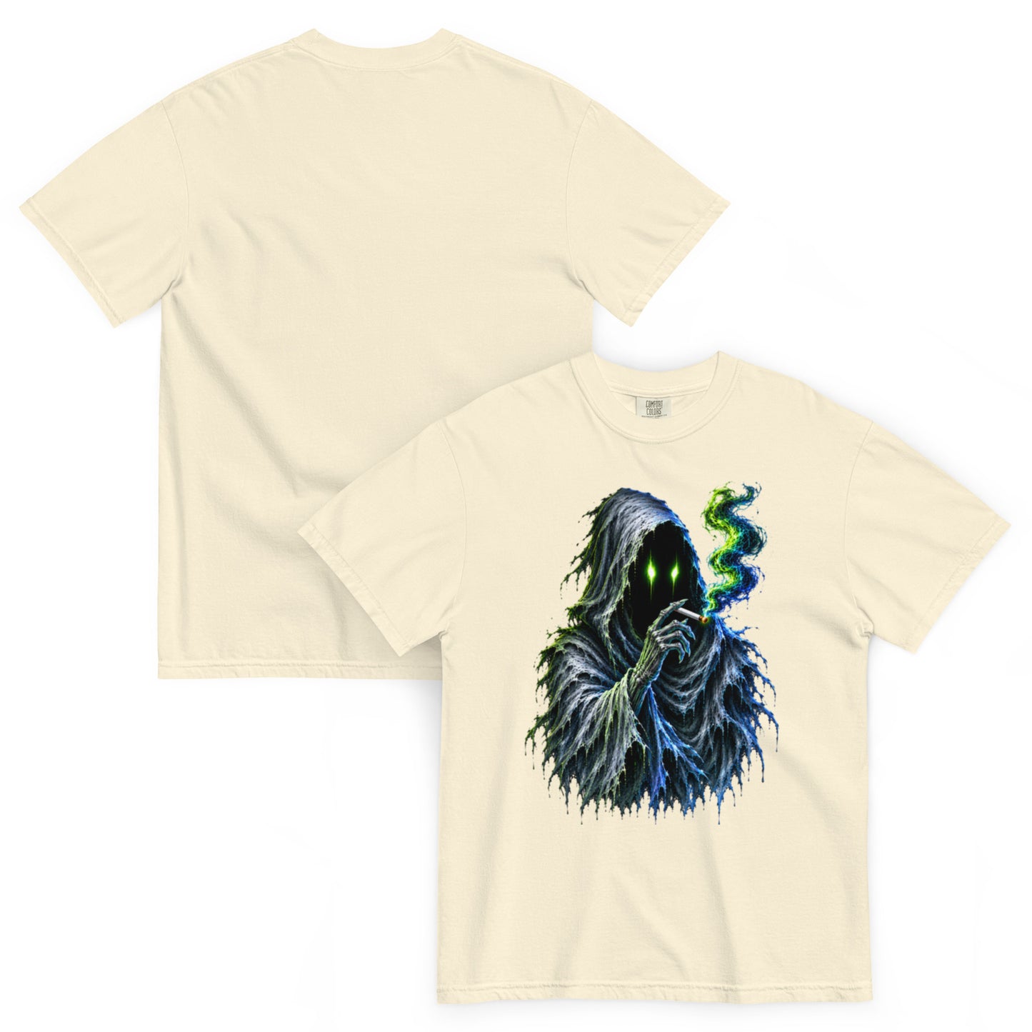 T-shirt WRAITH ivoire – spectre encapuchonné aux yeux vert néon