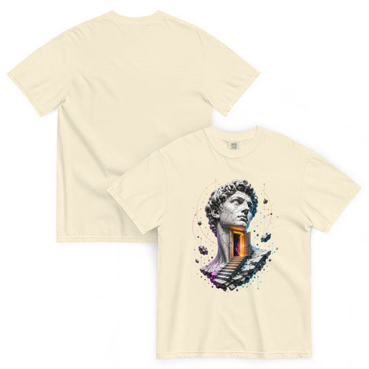 T-shirt LIMEN ivoire – statue fissurée et portail lumineux Dark Néon