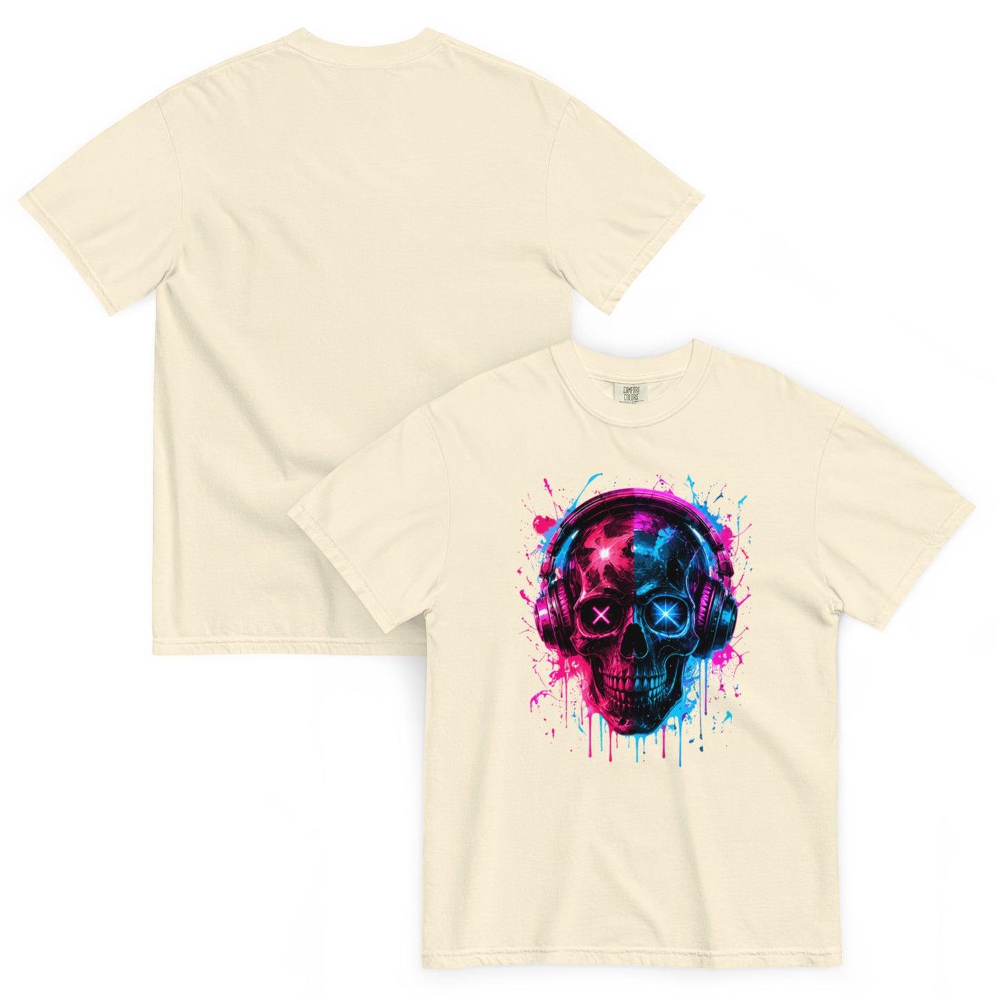 T-shirt MORS ivoire – crâne avec casque audio rose et bleu néon