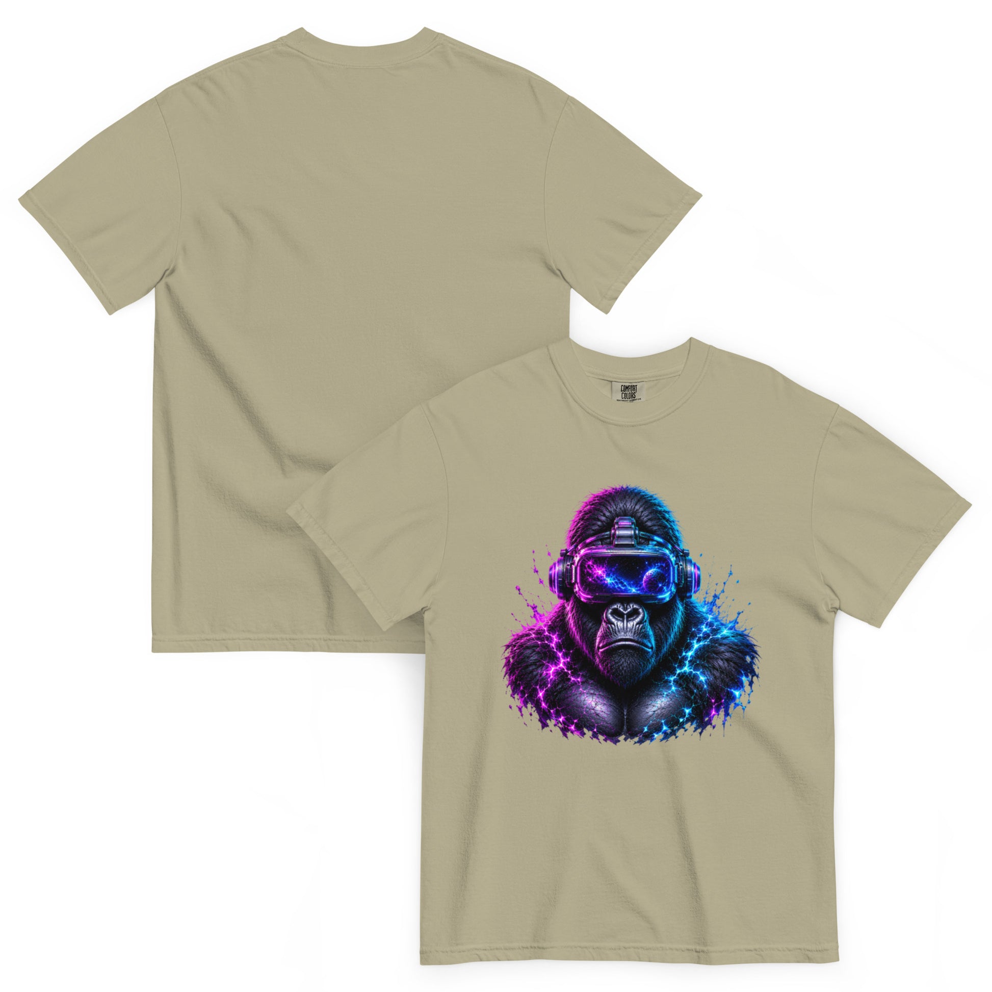 T-shirt APEX kaki clair – gorille en casque VR et énergie cosmique Dark Néon