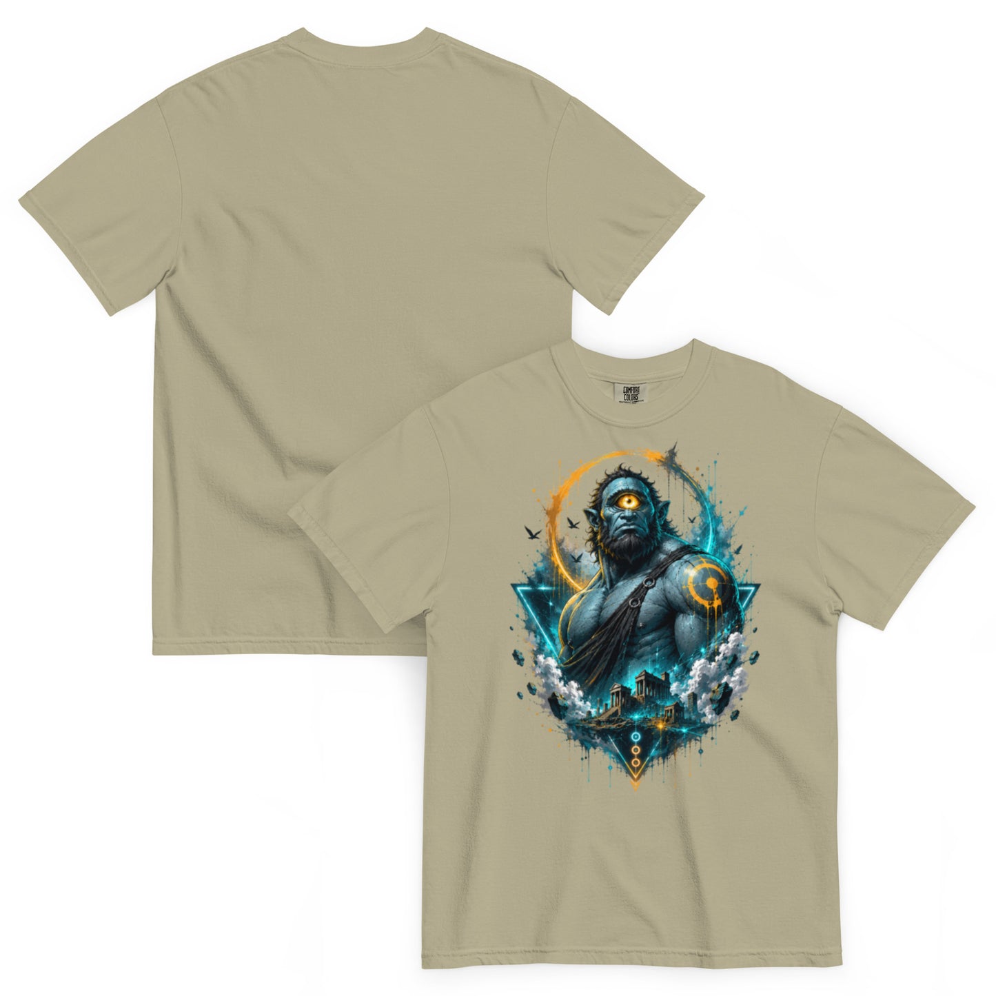 T-shirt ARGÈS kaki clair – Cyclope géant à l’œil orange, univers Dark Néon