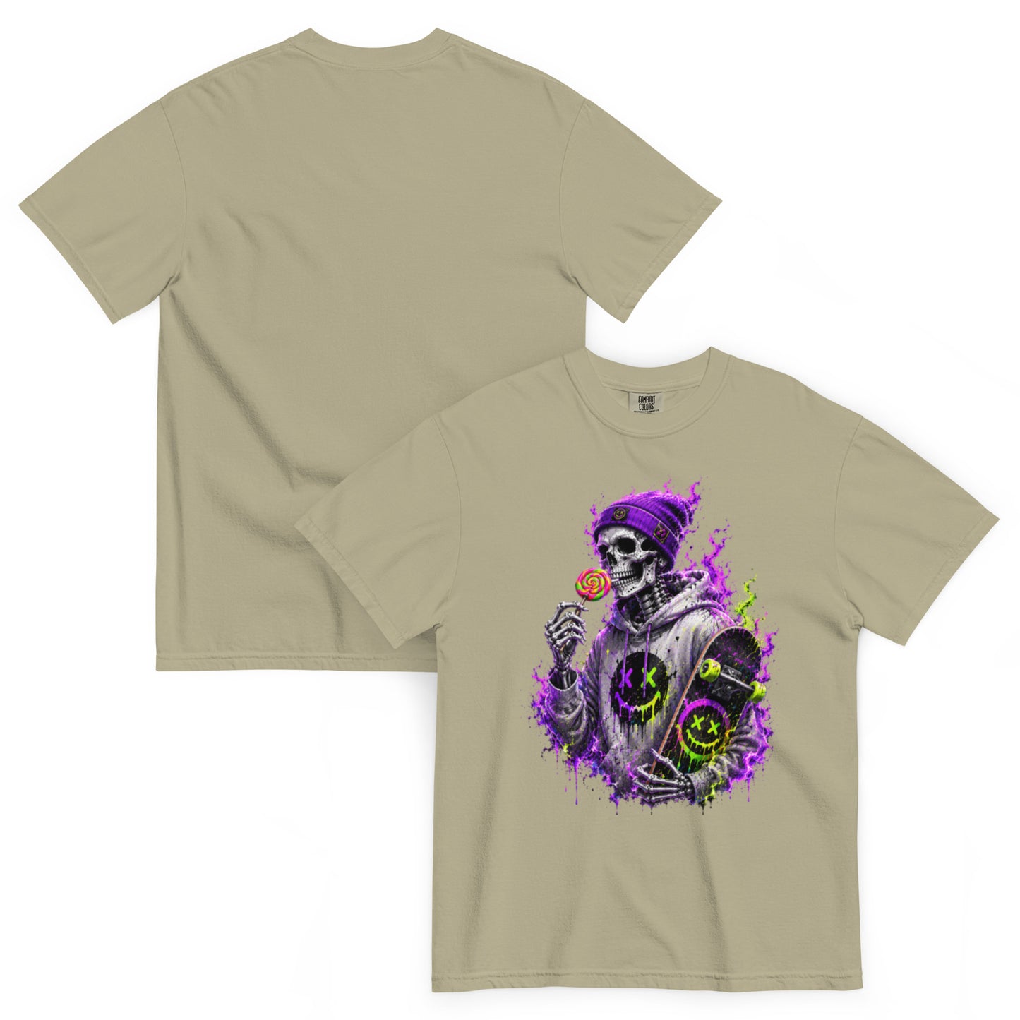 T-shirt BONES kaki clair – squelette skateur, sucette et skateboard néon
