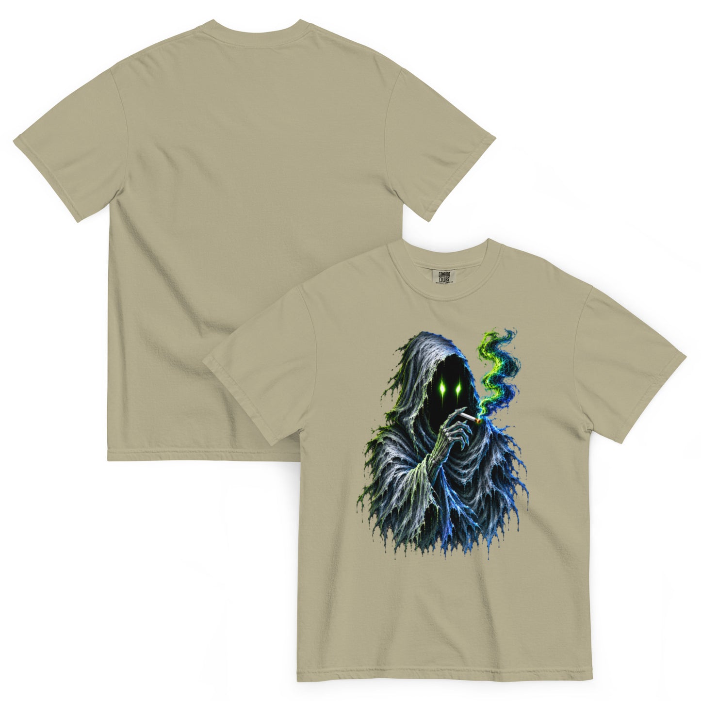 T-shirt WRAITH kaki clair – spectre encapuchonné aux yeux vert néon