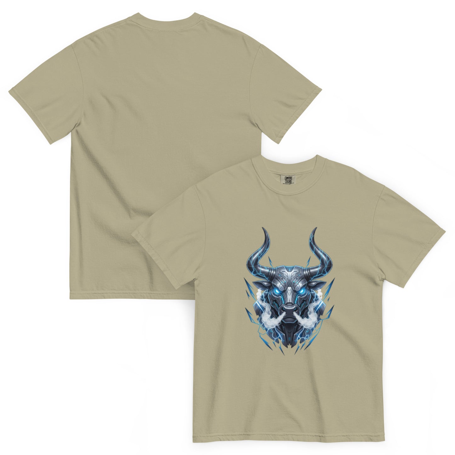 T-shirt TALOS kaki clair – taureau cybernétique futuriste, vue avant et dos