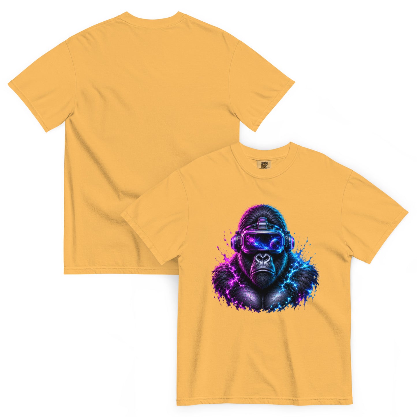 T-shirt APEX moutarde – gorille en casque VR et énergie cosmique Dark Néon