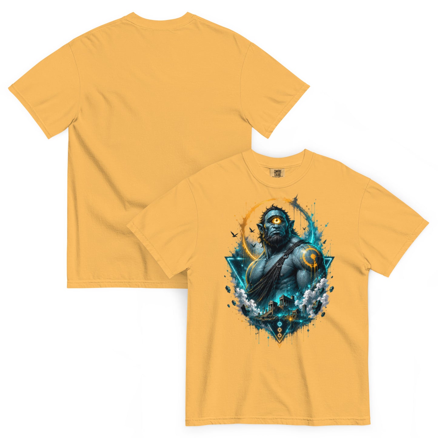 T-shirt ARGÈS moutarde – Cyclope géant à l’œil orange, univers Dark Néon