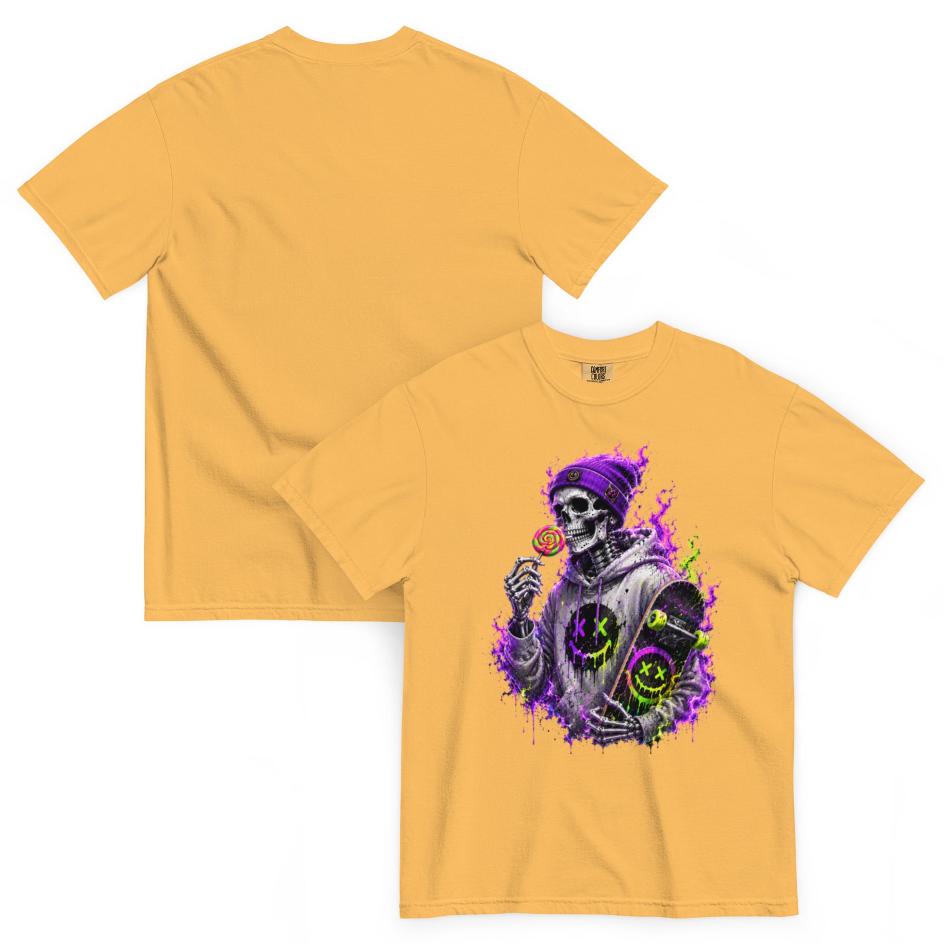 T-shirt BONES moutarde – squelette skateur, sucette et skateboard néon