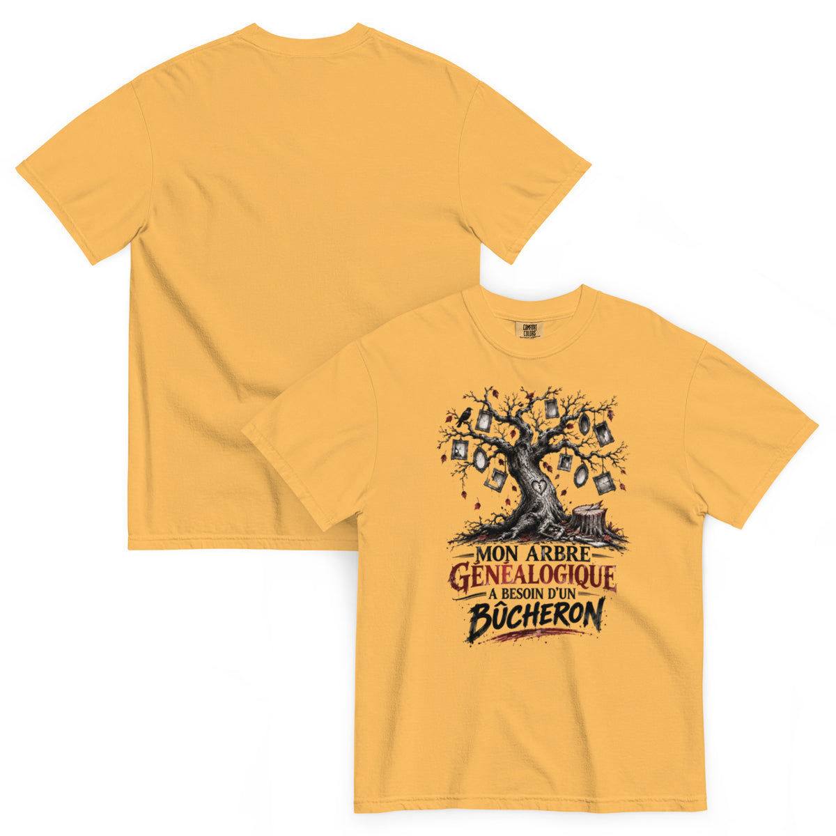 T-shirt humour Mon arbre généalogique a besoin d’un bûcheron avec illustration d’arbre – vue recto verso