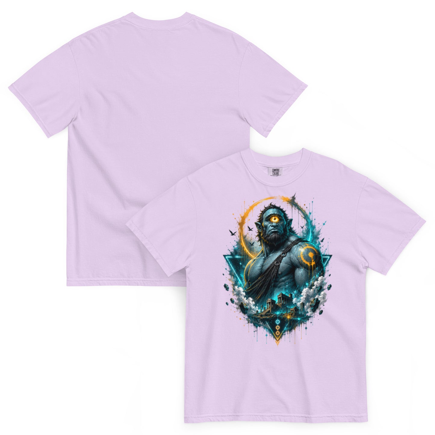 T-shirt ARGÈS orchidée – Cyclope géant à l’œil orange, univers Dark Néon