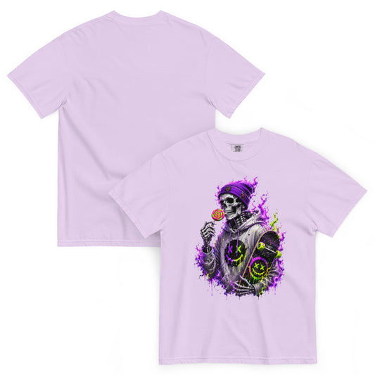 T-shirt BONES orchidée – squelette skateur, sucette et skateboard néon