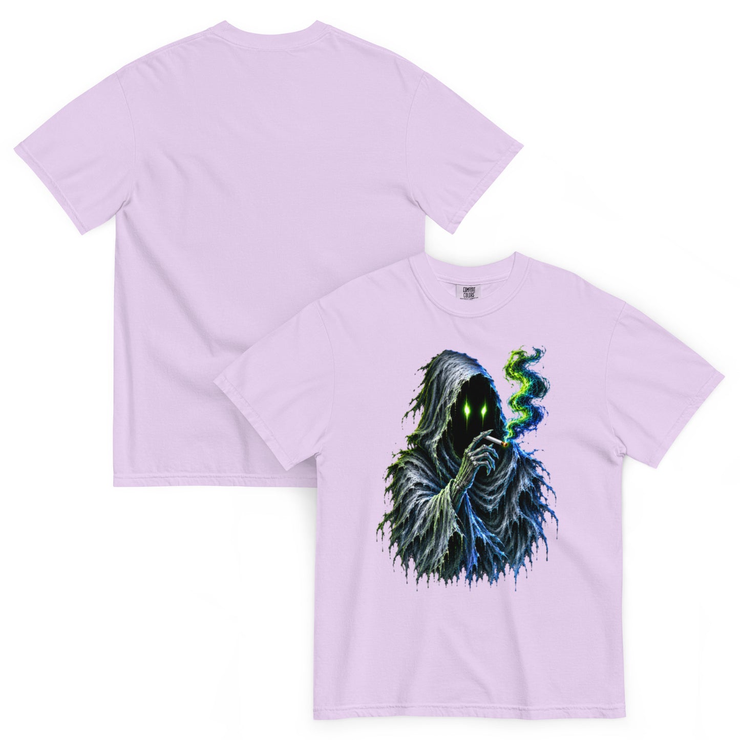 T-shirt WRAITH orchidée – spectre encapuchonné aux yeux vert néon
