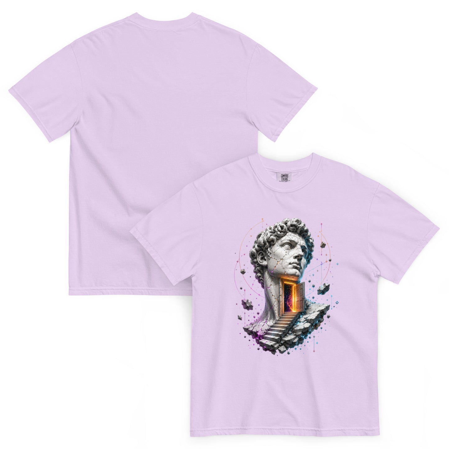 T-shirt LIMEN orchidée – statue fissurée et portail lumineux Dark Néon