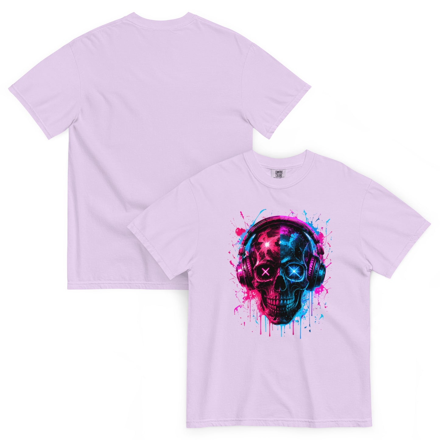 T-shirt MORS orchidée – crâne avec casque audio rose et bleu néon