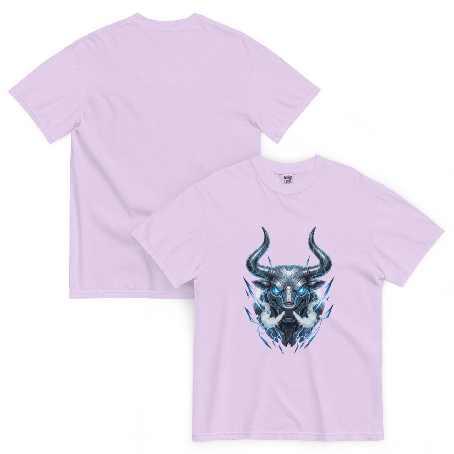 T-shirt TALOS orchidée – taureau cybernétique futuriste, vue avant et dos