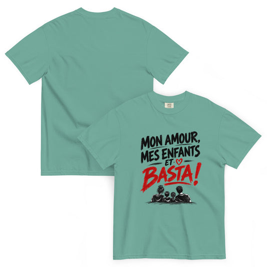 T-shirt humour Mon amour, mes enfants et basta avec illustration de famille – vue recto verso