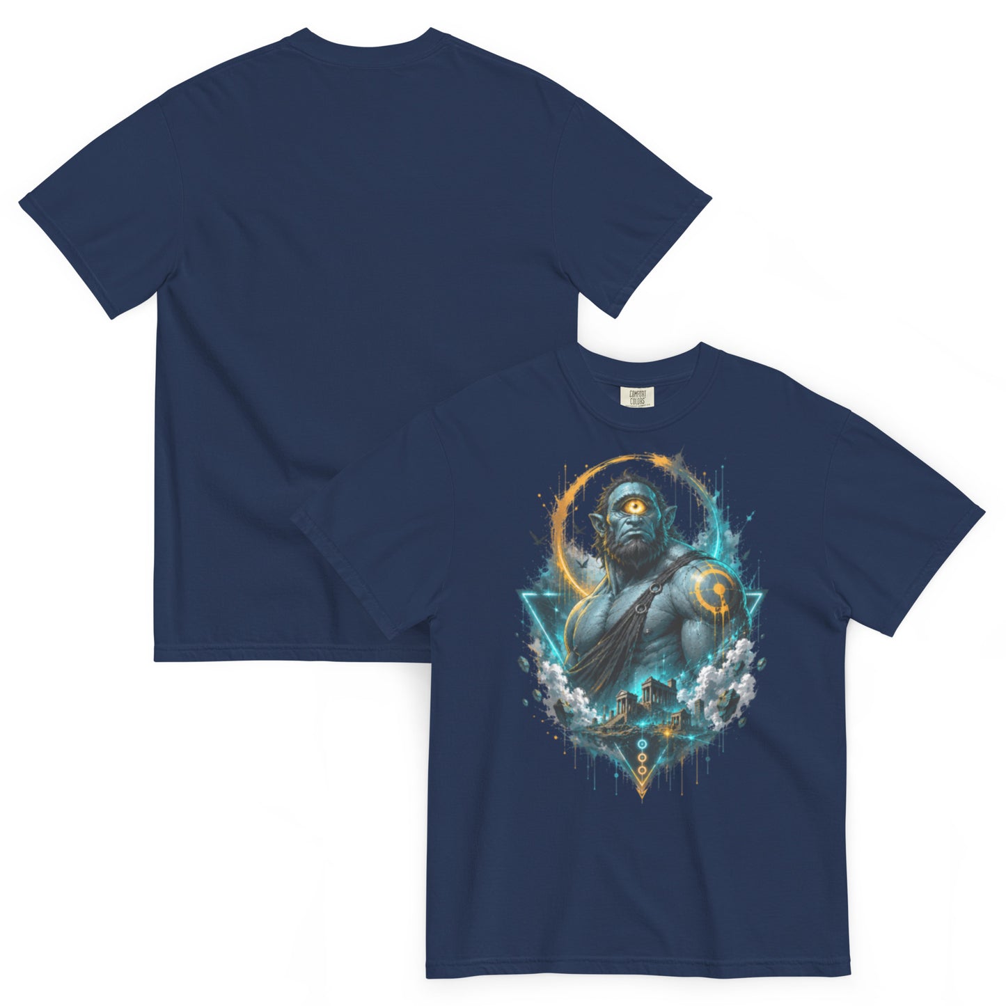 T-shirt ARGÈS bleu marine – Cyclope géant à l’œil orange, univers Dark Néon
