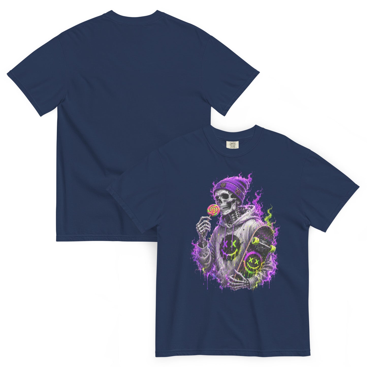 T-shirt BONES bleu marine – squelette skateur, sucette et skateboard néon