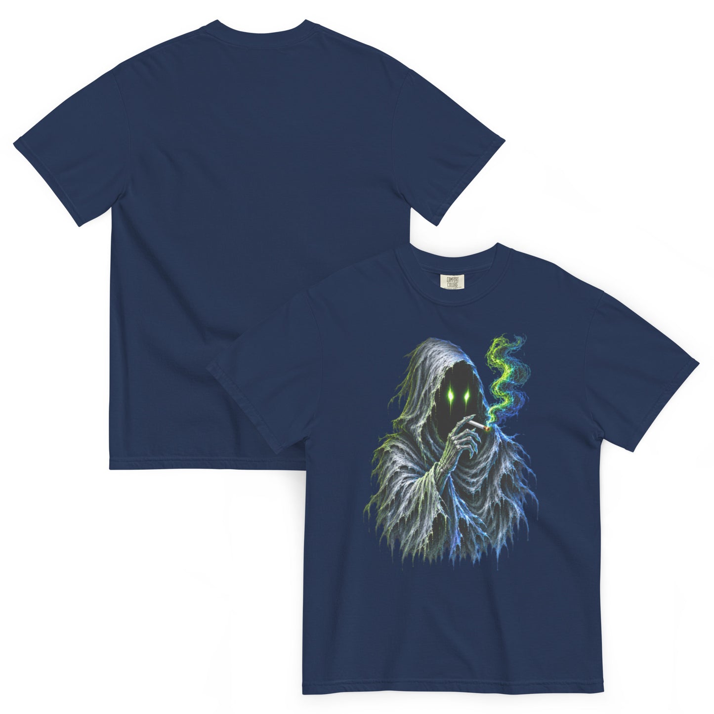 T-shirt WRAITH bleu marine – spectre encapuchonné aux yeux vert néon