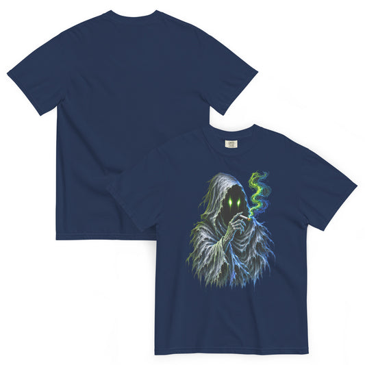 T-shirt WRAITH bleu marine – spectre encapuchonné aux yeux vert néon